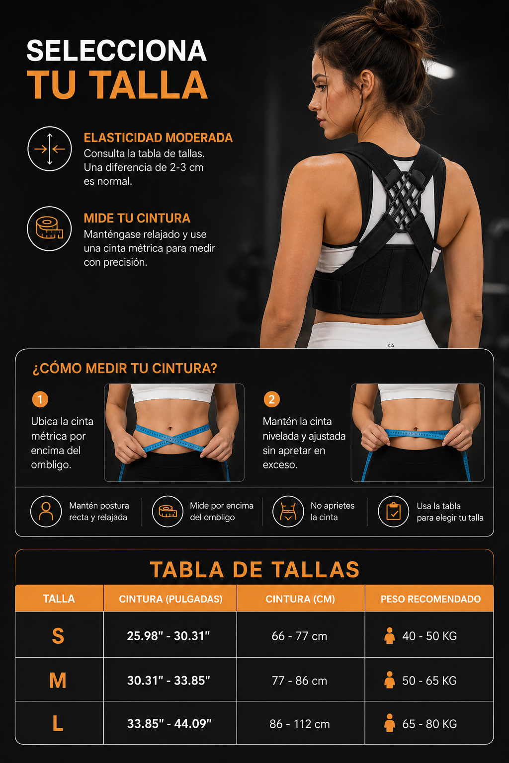 Guía de tallas corrector de postura S M L X XX — VidaFit Pro México